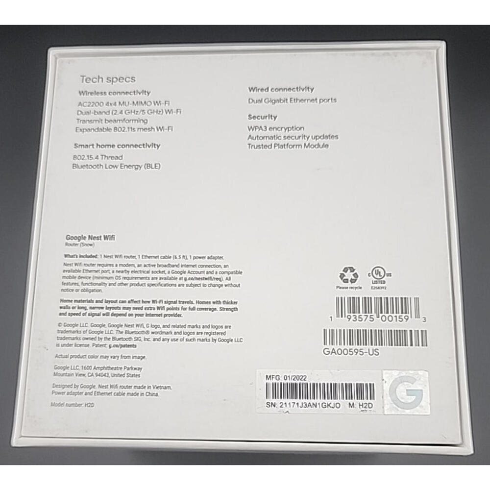 Google Nest Wi-Fi Router, Model H2D, White - Picture 6 of 6